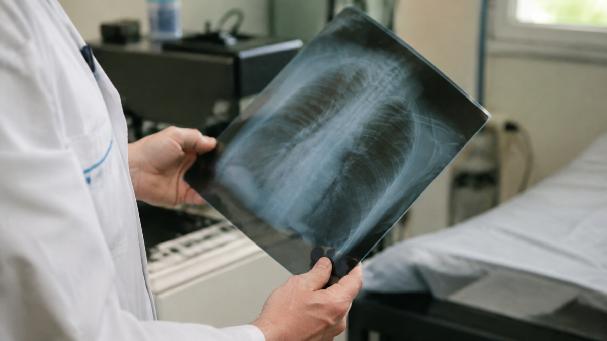 Mains tenant films radiologiques pres bac collecte