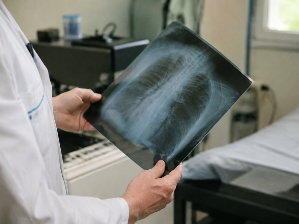 Mains tenant films radiologiques pres bac collecte