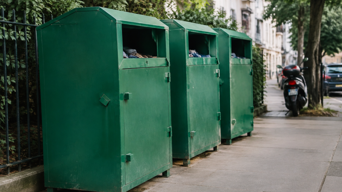 Conteneurs verts de collecte textile alignes sur le trottoir