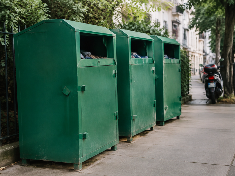 Conteneurs verts de collecte textile alignes sur le trottoir